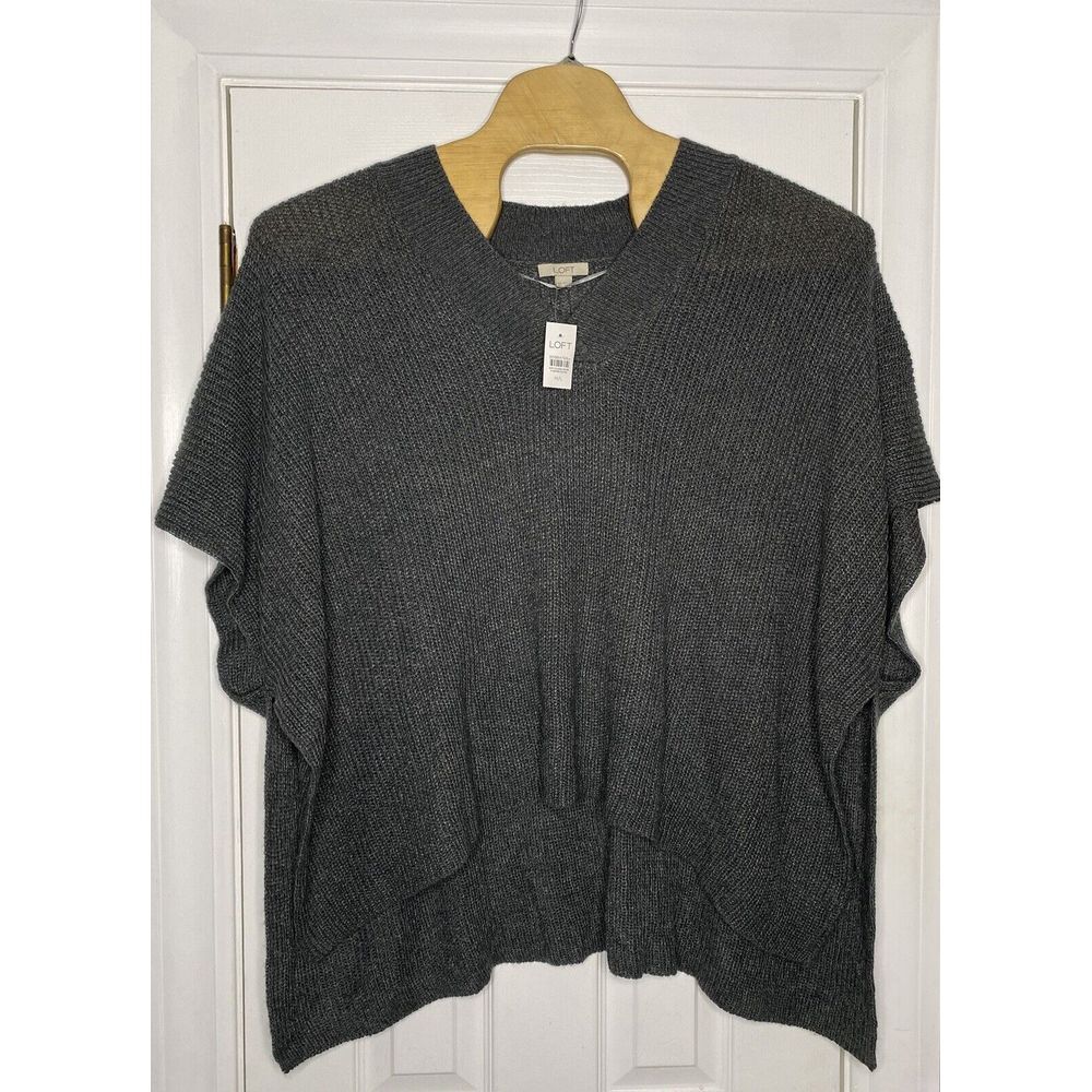 Loft Women's V Neck Poncho Style Knit‎ Sweater Grey Medium/ Large New